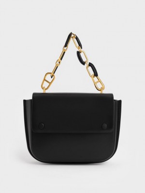 Charles And Keith Amber Chain Handle Push-Lock Handbag Black | PHILIPPINES K248