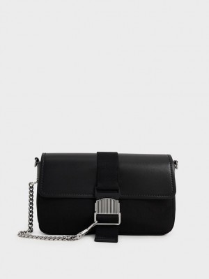 Charles And Keith Aspen Metallic Belt Buckle Shoulder Bags Black | PHILIPPINES P231