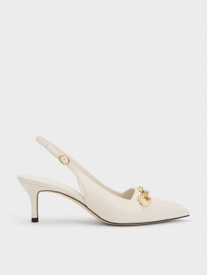 Charles And Keith Avani Chunky Chain-Embellished Slingback Pumps White | PHILIPPINES A709