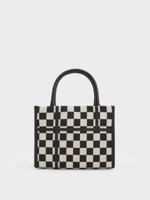 Charles And Keith Avenue Checkered Tote Bags Black | PHILIPPINES J135