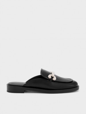 Charles And Keith Beaded Accent Loafer Mules Black | PHILIPPINES Z853