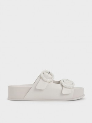 Charles And Keith Beaded Circle Slide Sandals White | PHILIPPINES M534