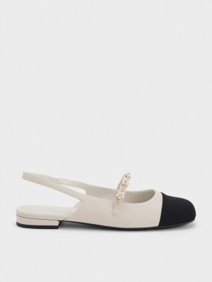 Charles And Keith Beaded Flower Slingback Flat Shoes White | PHILIPPINES H856