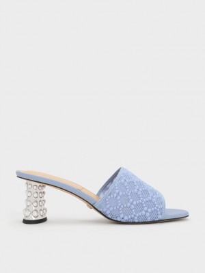 Charles And Keith Beaded Heel Crochet Mules Blue | PHILIPPINES E420