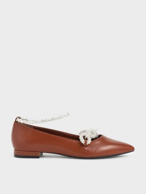 Charles And Keith Beaded Mary Jane Flat Shoes Brown | PHILIPPINES W603