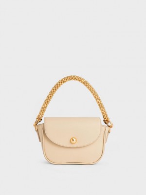 Charles And Keith Beaded Metallic Handle Sculptural Shoulder Bags Beige | PHILIPPINES N956