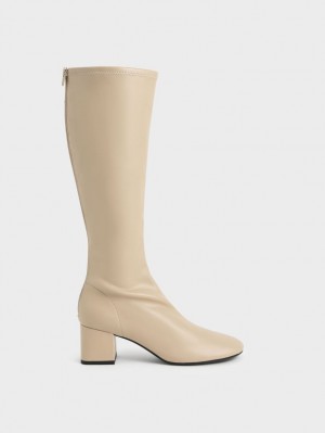 Charles And Keith Block Heel Knee-high Boots Beige | PHILIPPINES Y319