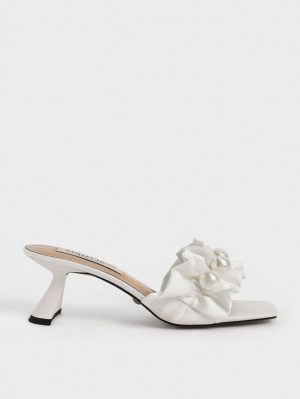 Charles And Keith Blythe Bead-Embellished Satin Mules White | PHILIPPINES Z132