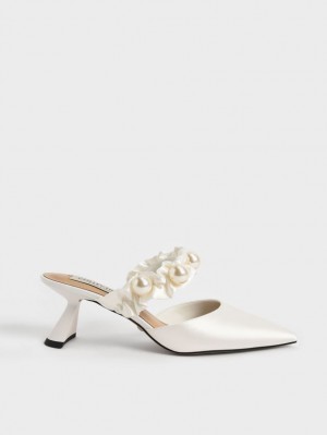 Charles And Keith Blythe Bead Embellished Satin Pumps White | PHILIPPINES U496