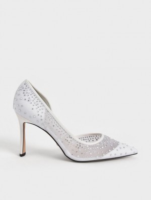 Charles And Keith Blythe Mesh Embellished Half-D'Orsay Pumps White | PHILIPPINES F803