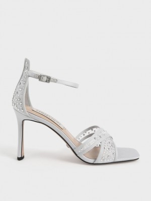 Charles And Keith Blythe Mesh & Satin Embellished Heels Sandals Silver | PHILIPPINES D530