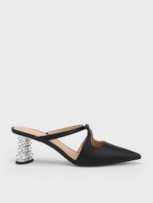 Charles And Keith Bow Crossover Gem-Embellished Mules Black | PHILIPPINES Q137