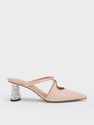 Charles And Keith Bow Crossover Gem-Embellished Mules Beige | PHILIPPINES T620