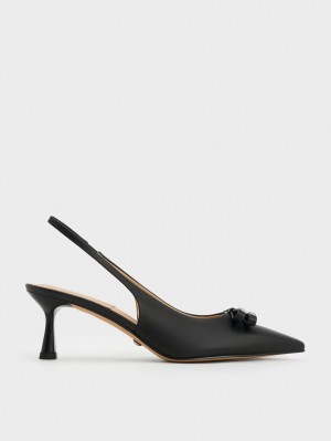 Charles And Keith Bow Crystal-Embellished Leather Slingback Pumps Black | PHILIPPINES B046