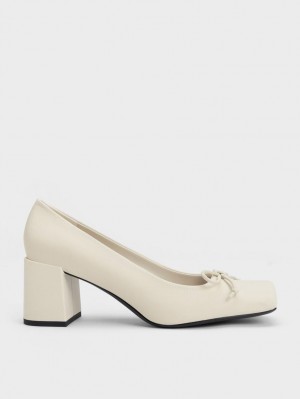 Charles And Keith Bow Square-Toe Pumps Cream | PHILIPPINES V193