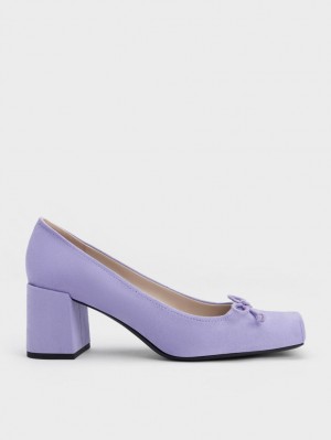 Charles And Keith Bow Square-Toe Textured Pumps Purple | PHILIPPINES J157