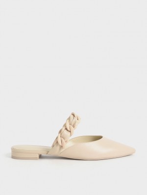 Charles And Keith Braided Chain-Link Flat Mules Beige | PHILIPPINES M487