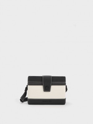 Charles And Keith Bronte Contrast-Trim Boxy Crossbody Bags Black / White | PHILIPPINES J786