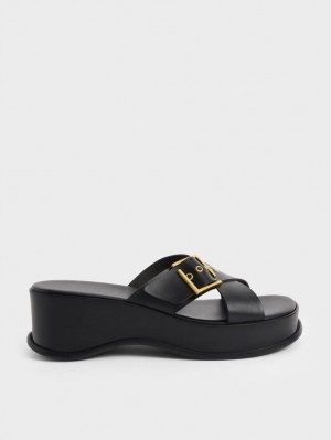 Charles And Keith Buckled Crossover Platform Sandals Black | PHILIPPINES I265