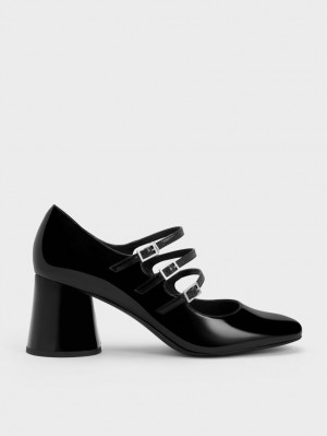 Charles And Keith Buckled Cylindrical Heel Mary Jane Shoes Black | PHILIPPINES Y351