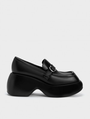 Charles And Keith Buckled Platform Penny Loafers Black | PHILIPPINES D826