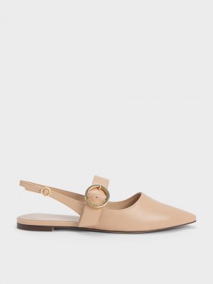 Charles And Keith Buckled Strap Slingback Flat Shoes Beige | PHILIPPINES M025