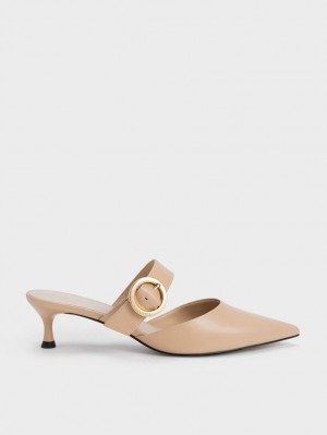 Charles And Keith Buckled Strap Spool Heel Mules Beige | PHILIPPINES W058