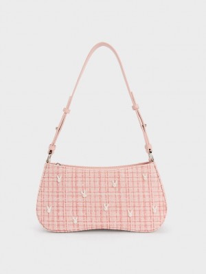 Charles And Keith Bunny Tweed Shoulder Bags Pink | PHILIPPINES K471