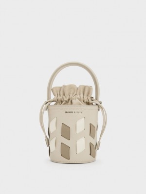 Charles And Keith Canvas Panelled Bucket Bags Beige | PHILIPPINES I235