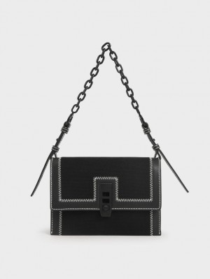 Charles And Keith Canvas Turn-Lock Chain Handbag Black | PHILIPPINES A804