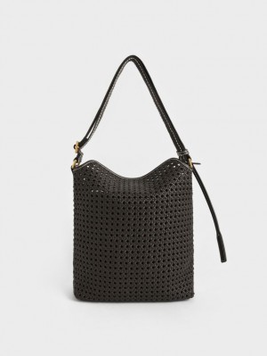 Charles And Keith Cecily Woven Large Shoulder Bags Black | PHILIPPINES W682