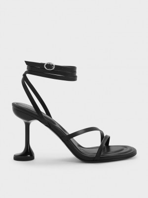 Charles And Keith Celestine Sculptural Heel Strap Sandals Black | PHILIPPINES K652