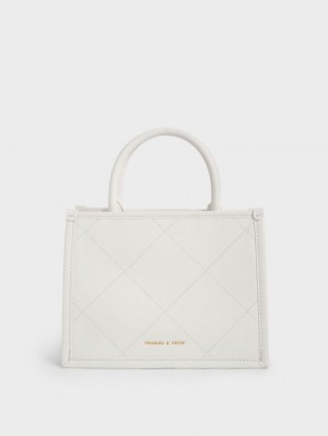 Charles And Keith Celia Quilted Double Handle Tote Bags White | PHILIPPINES F452