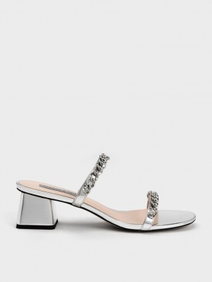 Charles And Keith Chain-Link Block Heels Sandals Silver | PHILIPPINES Z421