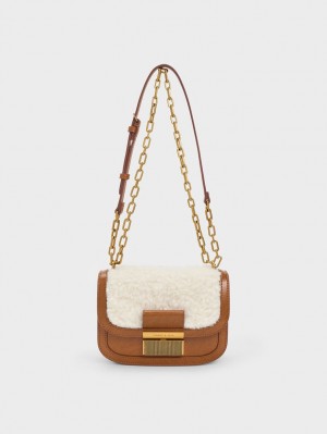 Charles And Keith Charlot Furry Chain Strap Shoulder Bags Brown | PHILIPPINES T852