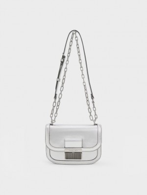 Charles And Keith Charlot Metallic Chain Strap Shoulder Bags Silver | PHILIPPINES W045