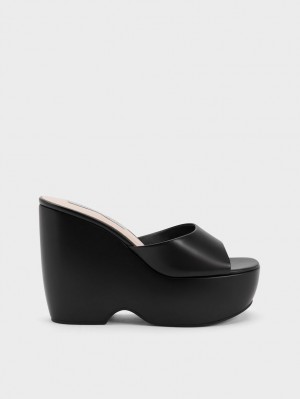 Charles And Keith Chunky Platform Wedge Mules Black | PHILIPPINES X845