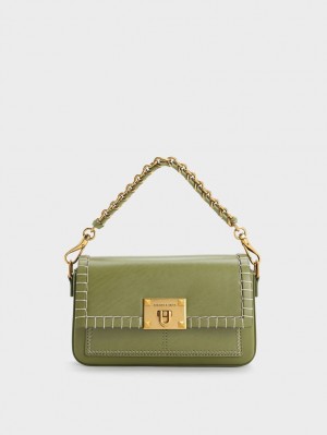 Charles And Keith Circe Stitch-Trim Top Handbag Olive | PHILIPPINES G765