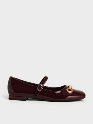 Charles And Keith Circle Chain-Link Patent Mary Jane Shoes Burgundy | PHILIPPINES N106