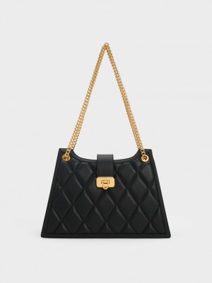 Charles And Keith Cressida Quilted Trapeze Chain Shoulder Bags Black | PHILIPPINES Z843