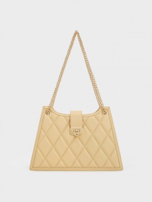 Charles And Keith Cressida Quilted Trapeze Chain Shoulder Bags Beige | PHILIPPINES U370