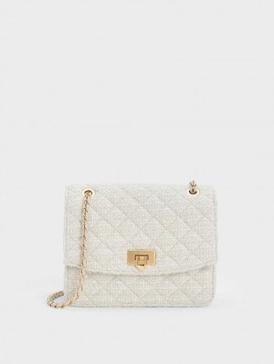 Charles And Keith Cressida Tweed Chain Strap Shoulder Bags White | PHILIPPINES X276