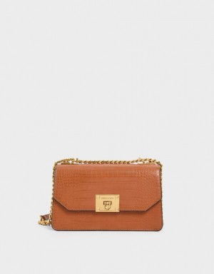 Charles And Keith Croc-Effect Chain Strap Crossbody Bags Brown | PHILIPPINES M423