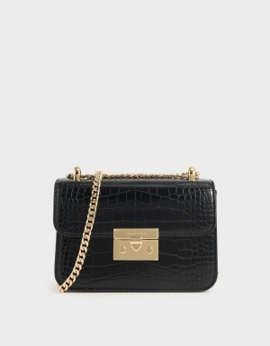 Charles And Keith Croc-Effect Chain Strap Crossbody Bags Black | PHILIPPINES T972