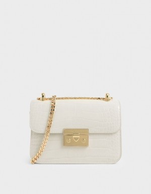 Charles And Keith Croc-Effect Chain Strap Crossbody Bags White | PHILIPPINES Q359