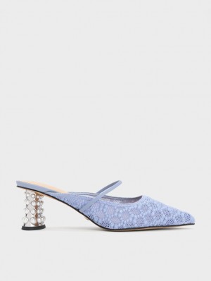 Charles And Keith Crochet & Leather Beaded Heel Mules Blue | PHILIPPINES K902