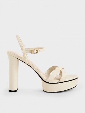 Charles And Keith Crossover Platform Heels Sandals Cream | PHILIPPINES I096