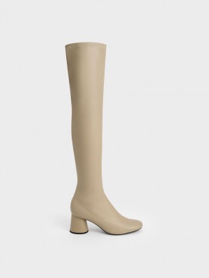 Charles And Keith Cylindrical Heel Thigh High Boots Beige | PHILIPPINES P621