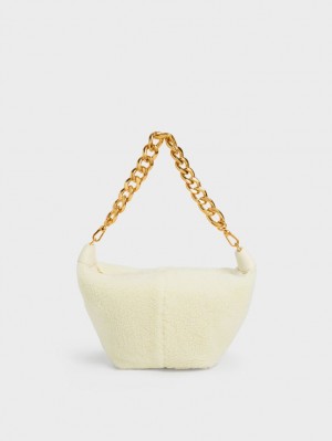 Charles And Keith Daki Chain Handle Furry Hobo Bag Cream | PHILIPPINES J376