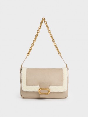 Charles And Keith Daki Fur-Trim Belted Trapeze Shoulder Bags Beige | PHILIPPINES B319